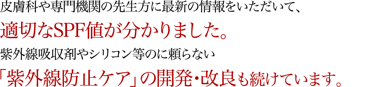 皮膚科や専門機関の先生方に最新の情報をいただいて、適切なSPF値が分かりました。紫外線吸収剤やシリコン等のに頼らない「紫外線防止ケア」の開発・改良も続けています。