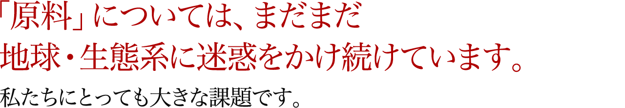 「原料」については、まだまだ地球・生態系に迷惑をかけ続けています。私たちにとっても大きな課題です。