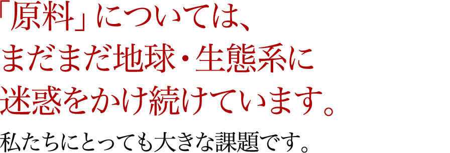 「原料」については、まだまだ地球・生態系に迷惑をかけ続けています。私たちにとっても大きな課題です。